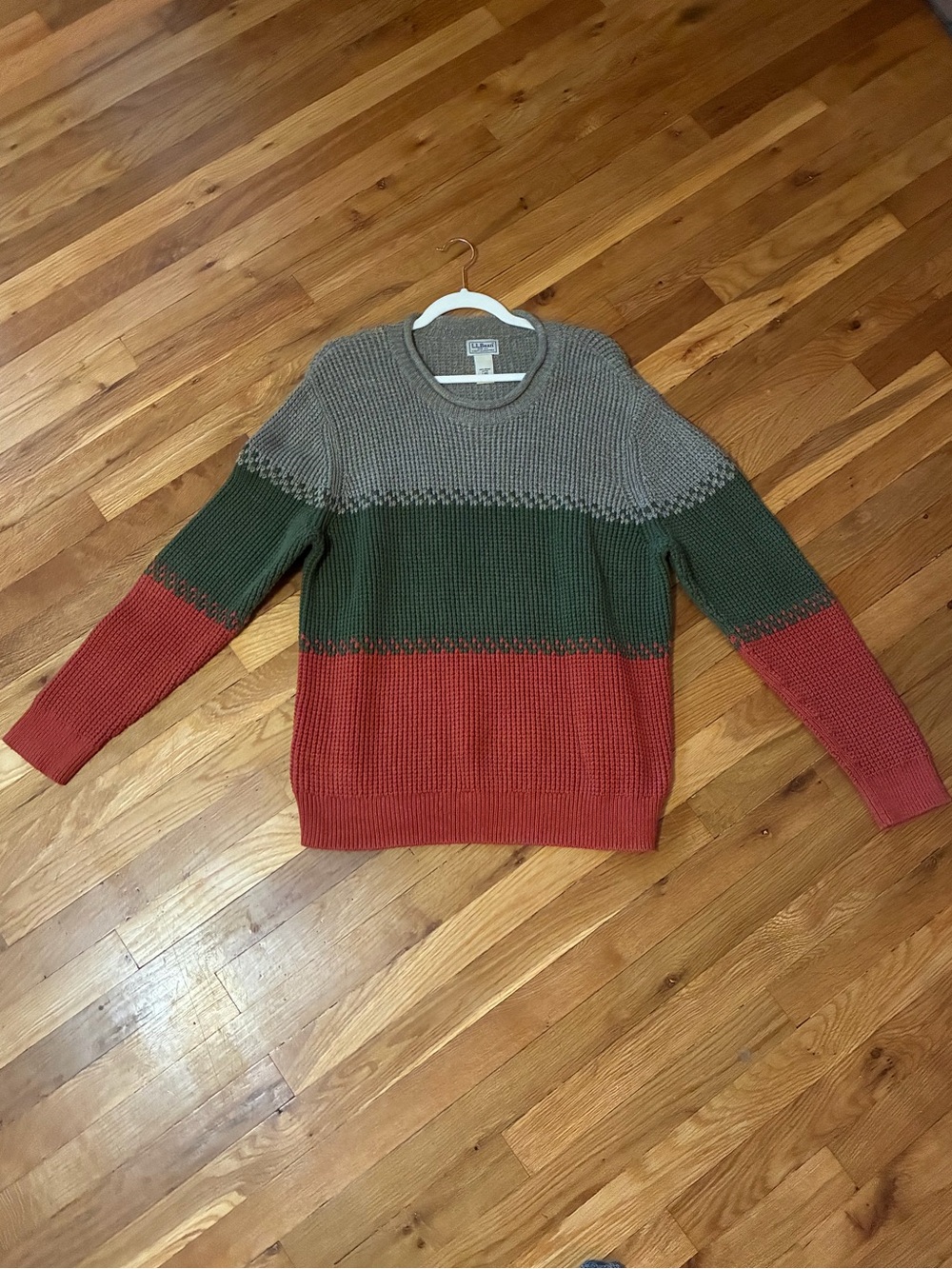 LL Bean Men's Colorblock Crewneck Sweater - Gray, Green, Red